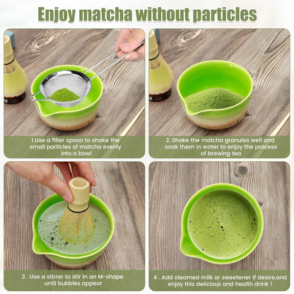Juego de 5 Batidores de Matcha Japoneses, Batidor de Matcha de Bambú, Cuchara Tradicional para Té, Cuchara Profunda, Colador de Té de Acero Inoxidable para Amantes del Té