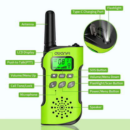 Rechargeable Walkie Talkies 4 Pack Long Range Kids Radios USB C Camping