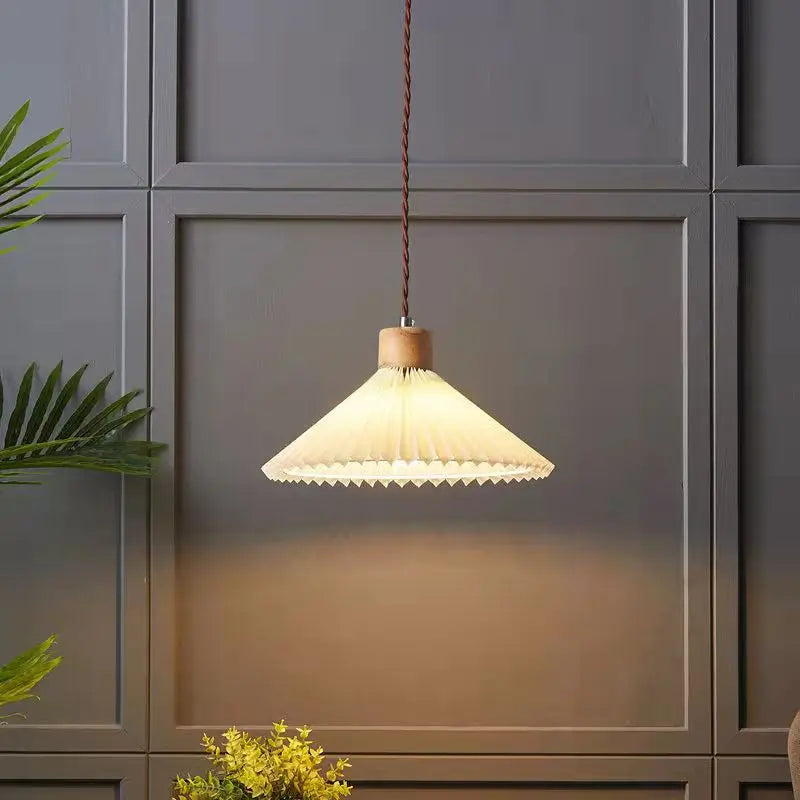 Suspension plissée rétro pour salon, salle à manger, chevet, plafonnier en bois massif avec abat-jour en tissu, décoration de bar et maison