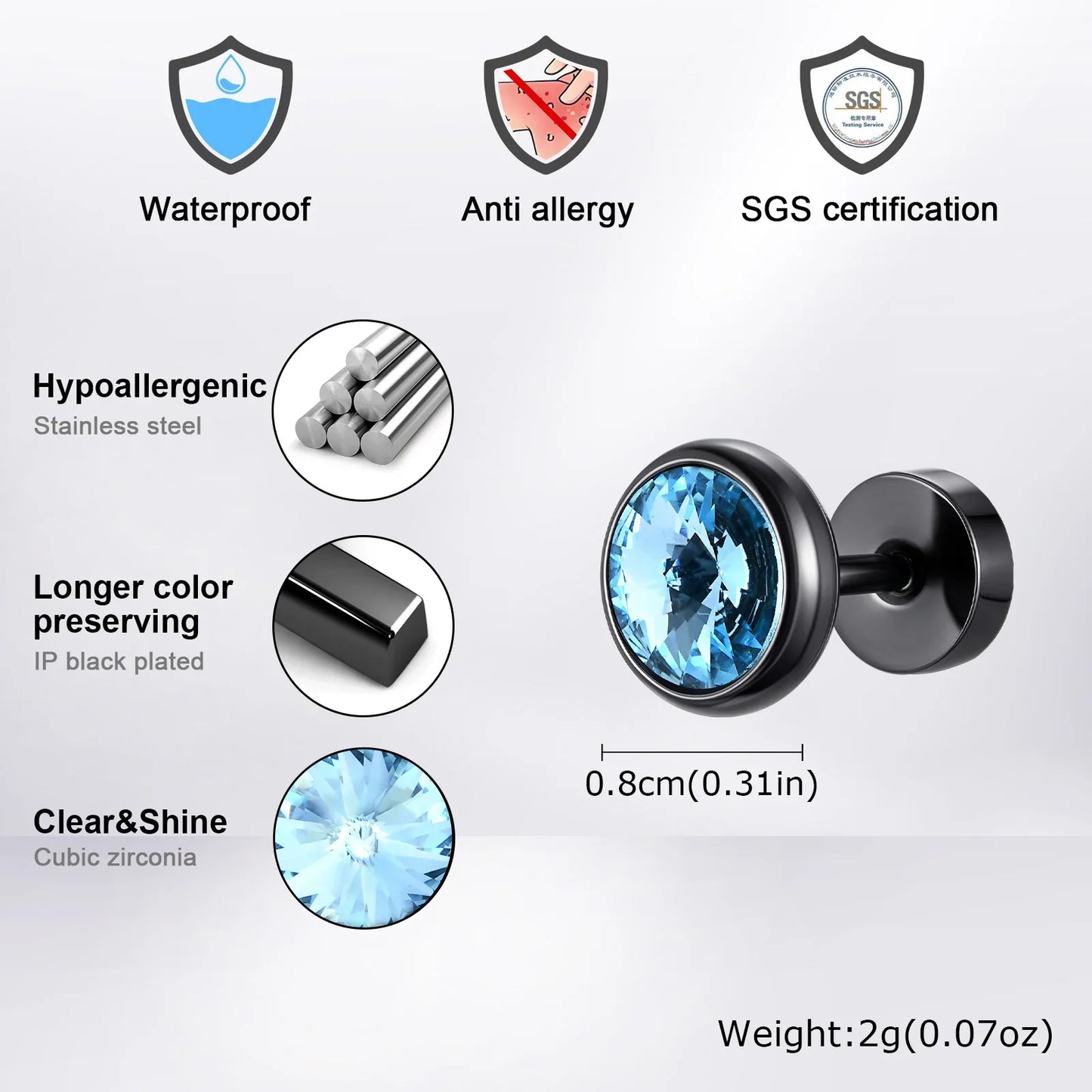 Stainless Steel Men’s Earrings | 8mm Multi-Faceted Screw Back Stud