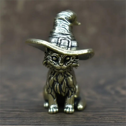 1 estatua de gato bruja de latón vintage, escultura de gato miniatura sólida, figura decorativa de animal, mascota de té de cobre antiguo, coleccionable