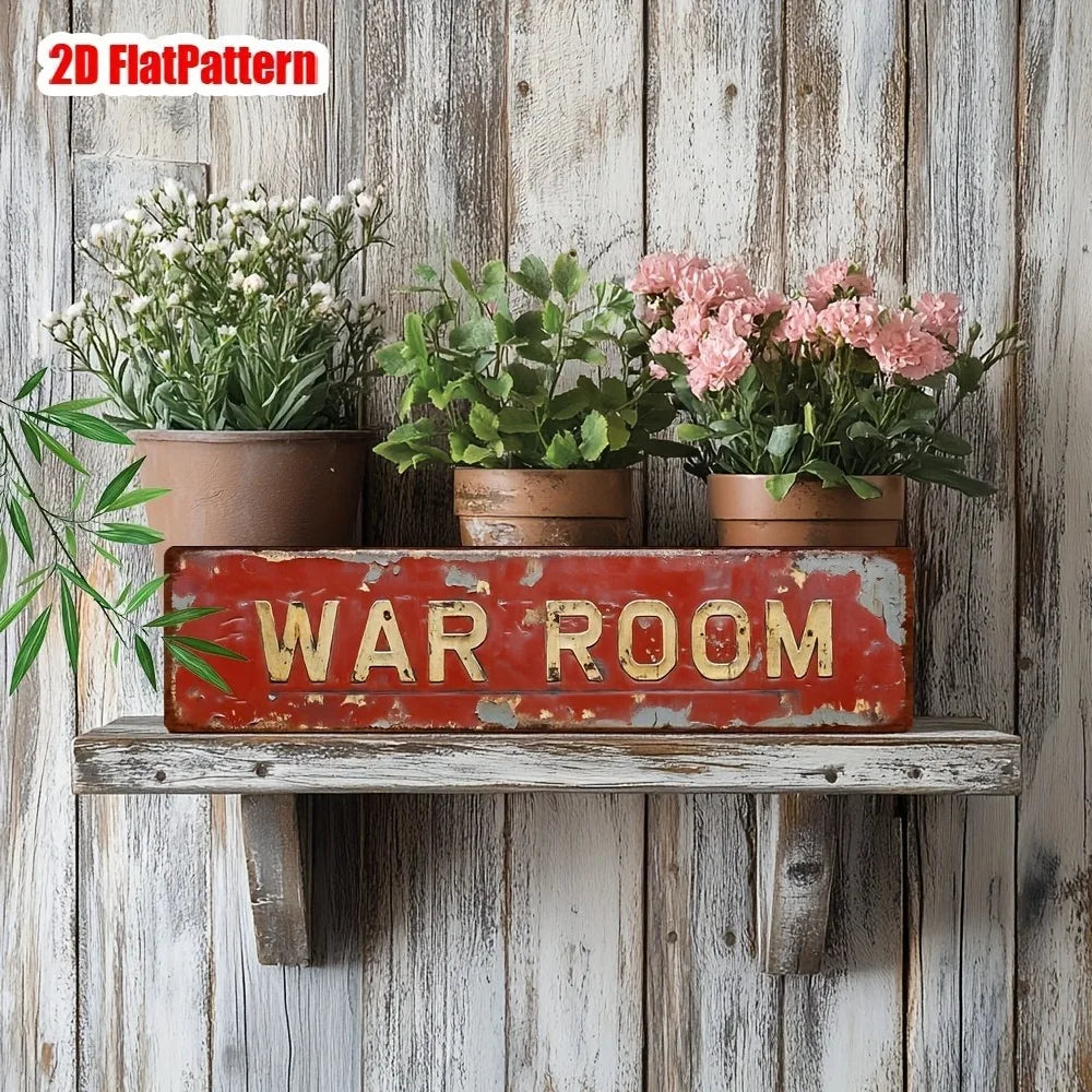 Plaque métallique décorative vintage « Retro War Room » – 10x40 cm, 2D, décor fantaisie plat, art mural pour bar, garage, ferme