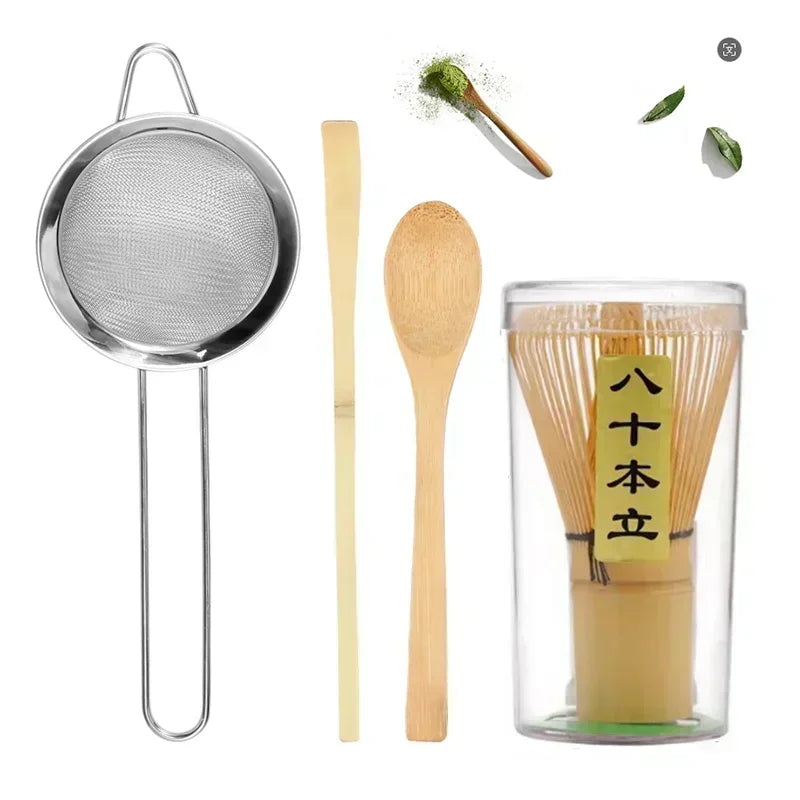 Ensemble de 4 fouets à matcha Fouet à matcha en bambou fait à la main Cuillère à thé traditionnelle Cuillère à thé profonde Passoire à thé Support de rangement transparent pour fouet