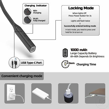 LED Rechargeable Neck Reading Light 3 Color Stepless Dimming Book Light