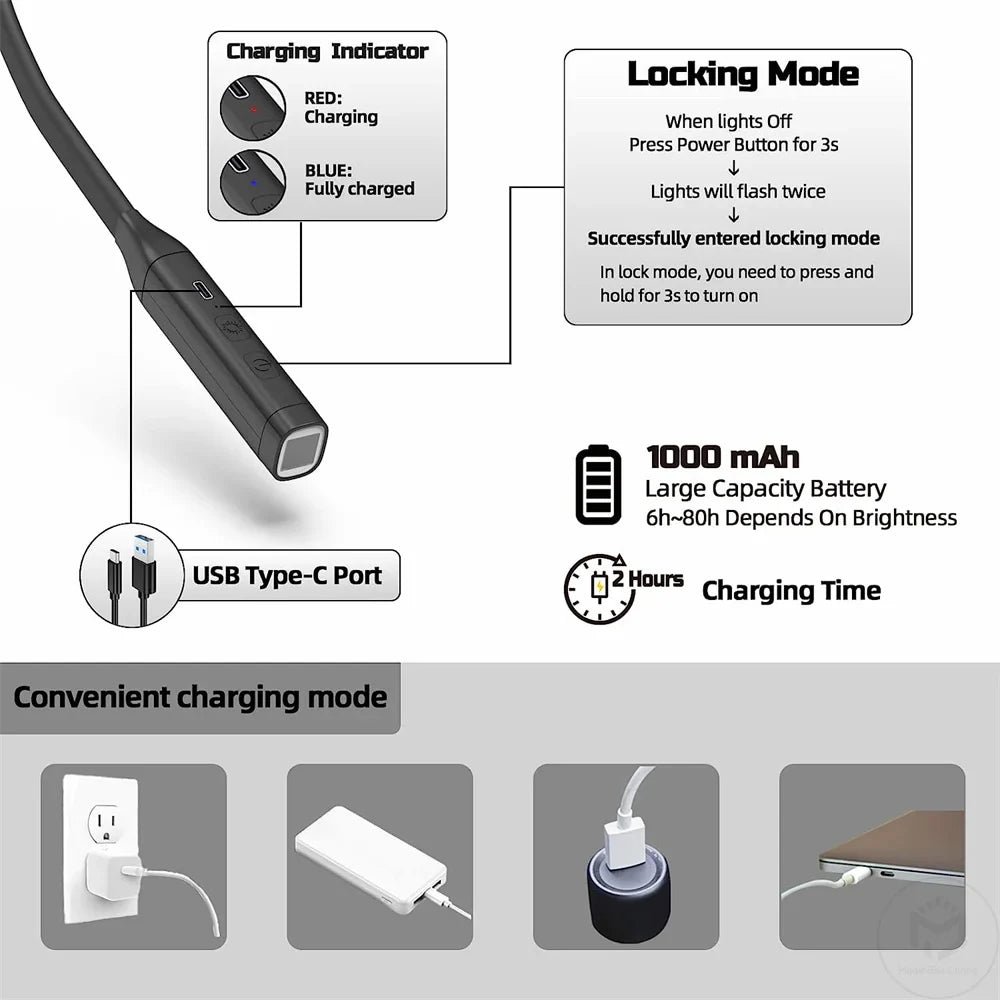 LED Rechargeable Neck Reading Light 3 Color Stepless Dimming Book Light