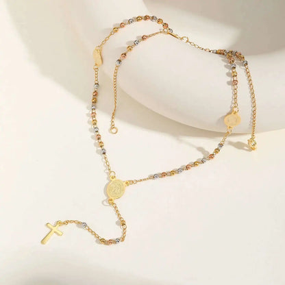 Prjewel Stainless Steel Three-Color Beaded Cross Pendant Y-Necklace | Faith-Inspired Fashion Jewelry