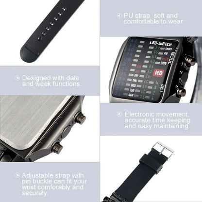 Binary Led Watch | Creative Waterproof Business Electronic Watch for Men with Luminous Display and Date Time