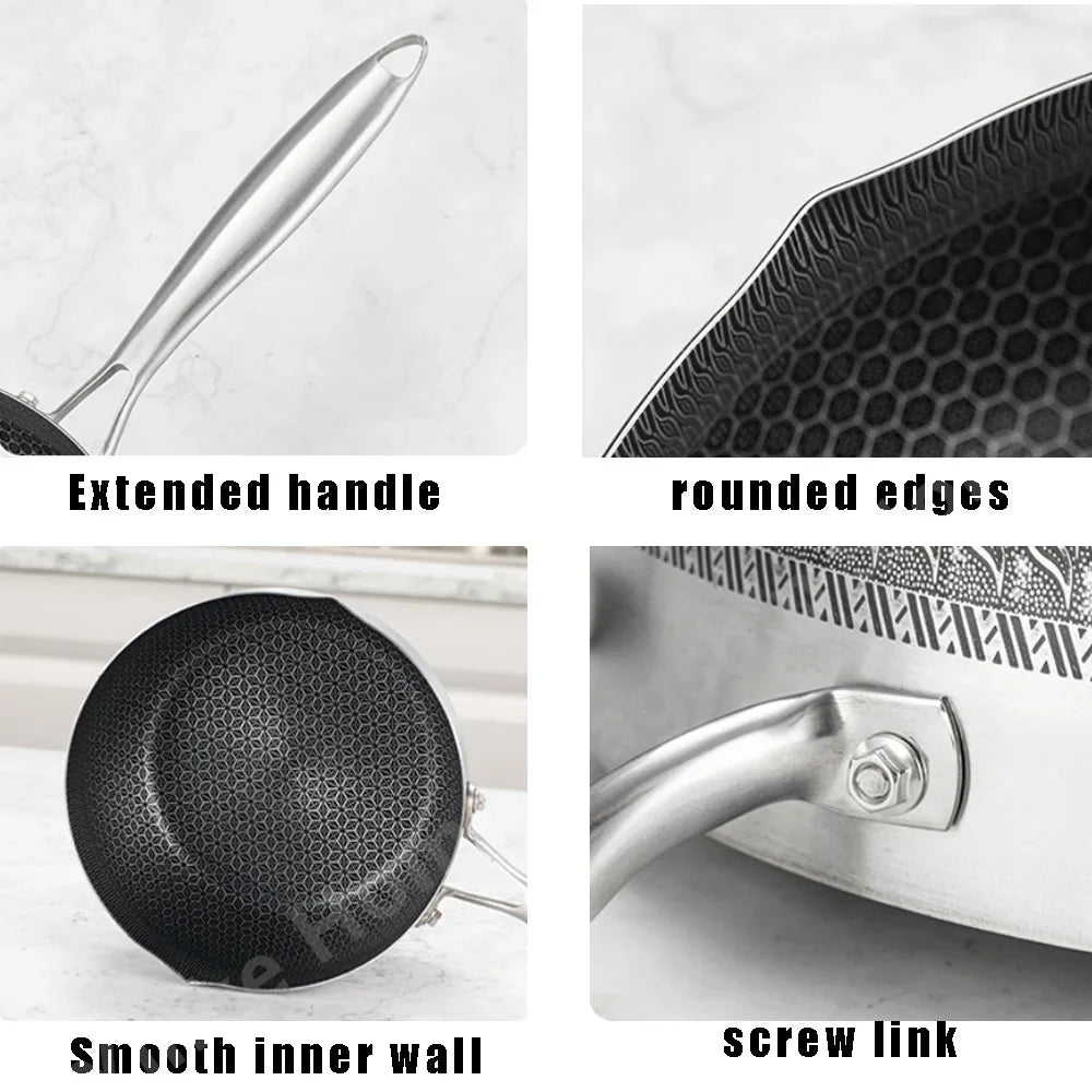 Poêle à frire en acier inoxydable, cuisson de steak, nid d'abeille, antiadhésive, fond plat, wok, compatible induction, ustensile de cuisine universel