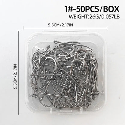 ShareShark 50-Piece High Carbon Steel Fishing Hooks with Barbed Curved Mouth | Long Shank Saltwater Hooks