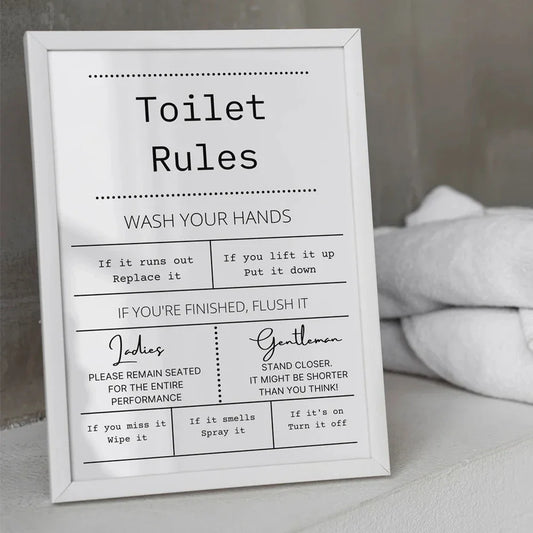Lienzo Decorativo de Pared Moderno Blanco y Negro con Cita Graciosa de Reglas del Inodoro, Sin Ropa, Desnudo, Pósters para Baño, Habitación, Hogar
