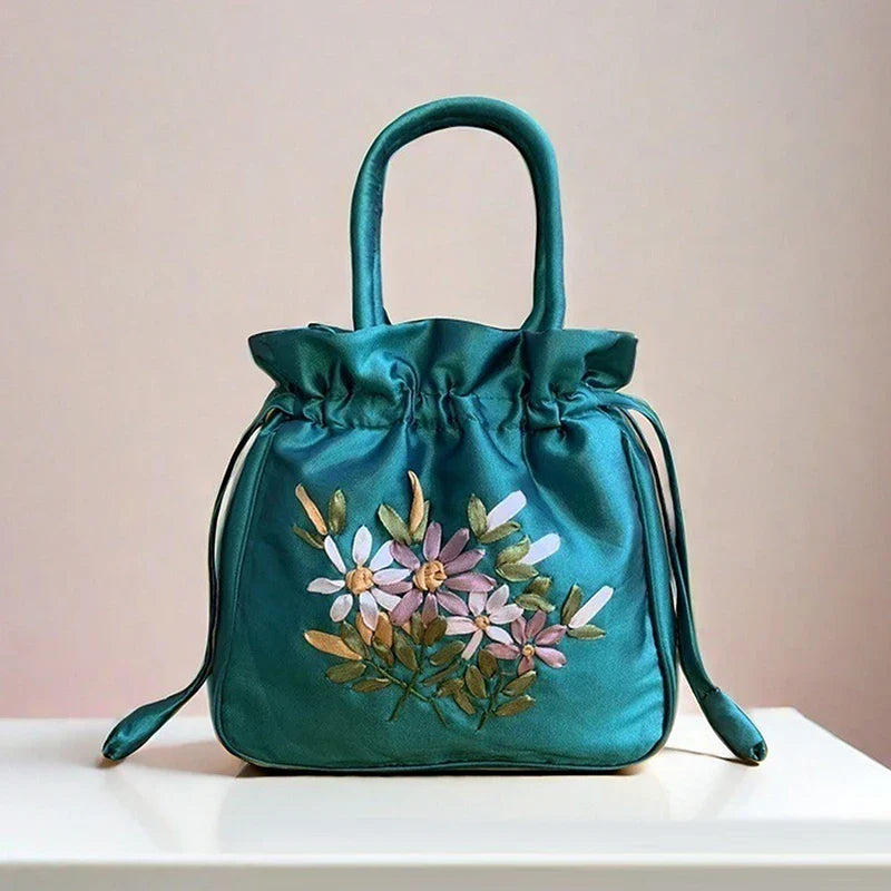 Small Embroidered Flower Bucket Bag | Women's Top Handle Drawstring Purse