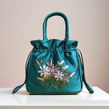 ZTBBAO Embroidered Flower Bucket Bag | Small Top Handle Handbag for Women