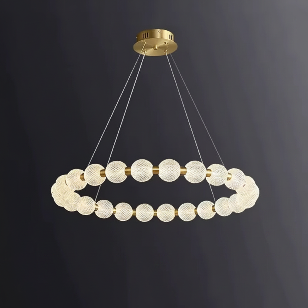 Alabaster Ring Chandelier – Gold Beaded LED Luxury Ceiling Light