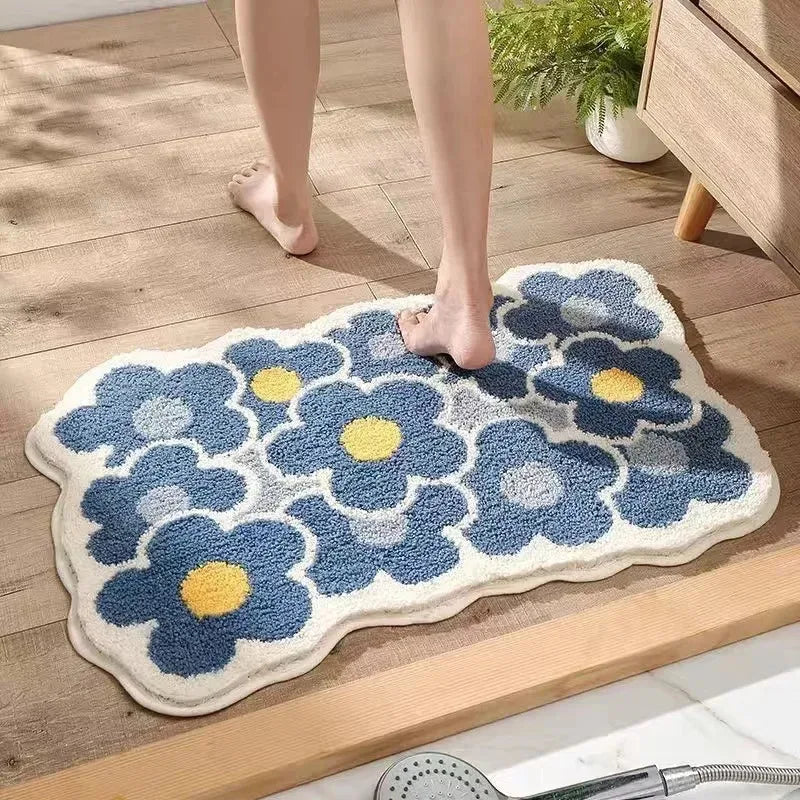 VIKAMA | Tapis en imitation cachemire à motif floral frais - Antidérapant, Tapis de bain absorbant/Paillasson de salon/Tapis de sol polyvalent