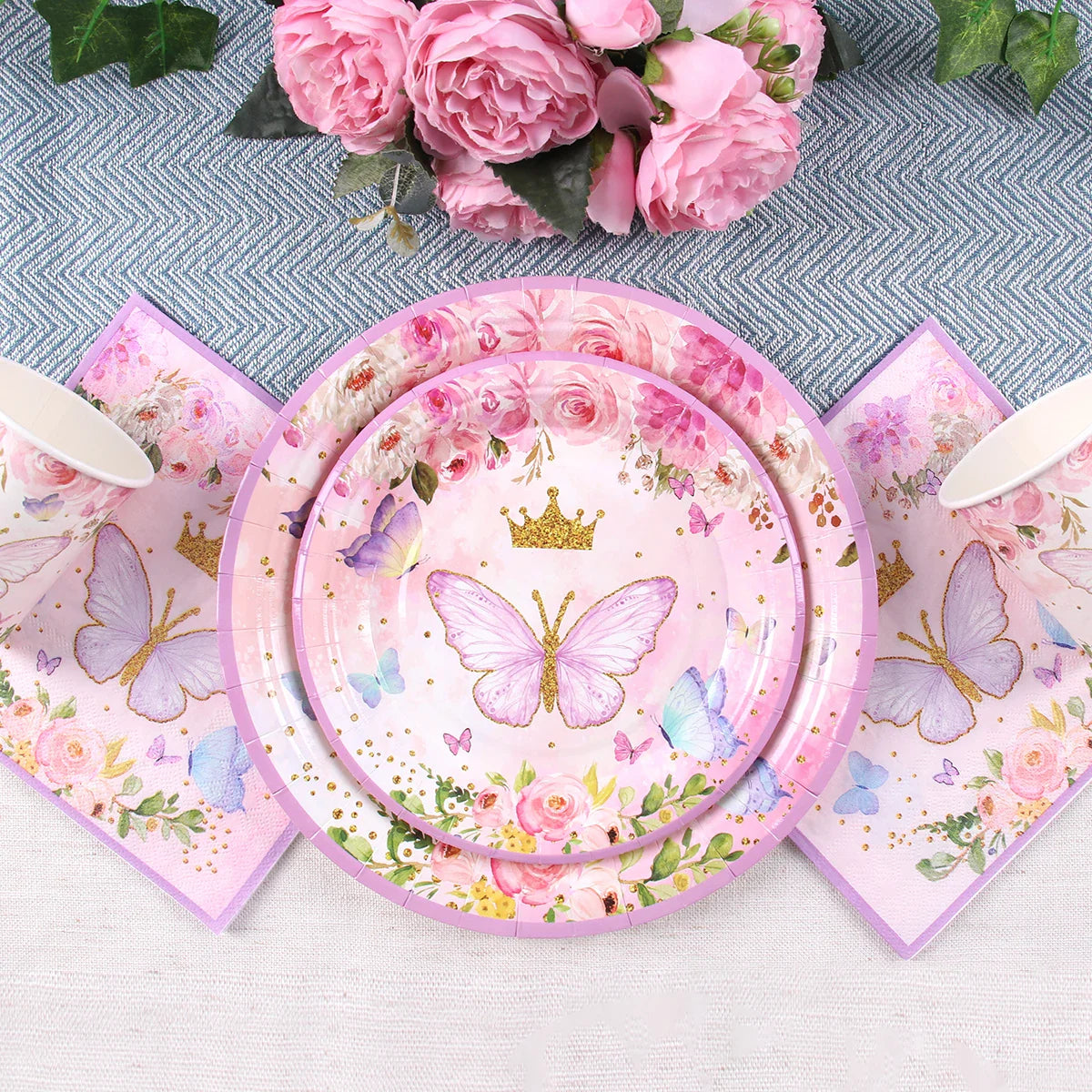Vaisselle jetable Papillon Violet Serviette Papillon Décoration de Fête d'Anniversaire Fille Baby Shower Baptême Révélation de Genre Fournitures