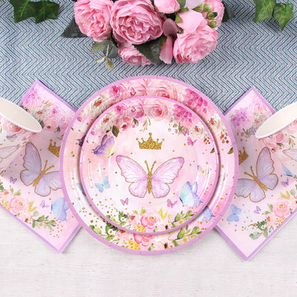 Vaisselle jetable Papillon Violet Serviette Papillon Décoration de Fête d'Anniversaire Fille Baby Shower Baptême Révélation de Genre Fournitures