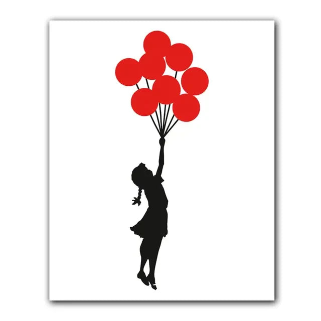 Niña y Globo Rojo Arte de Banksy Pintura en Lienzo con Caracteres Nórdicos Mural Póster para Sala de Estar Dormitorio Bar Decoración del Hogar