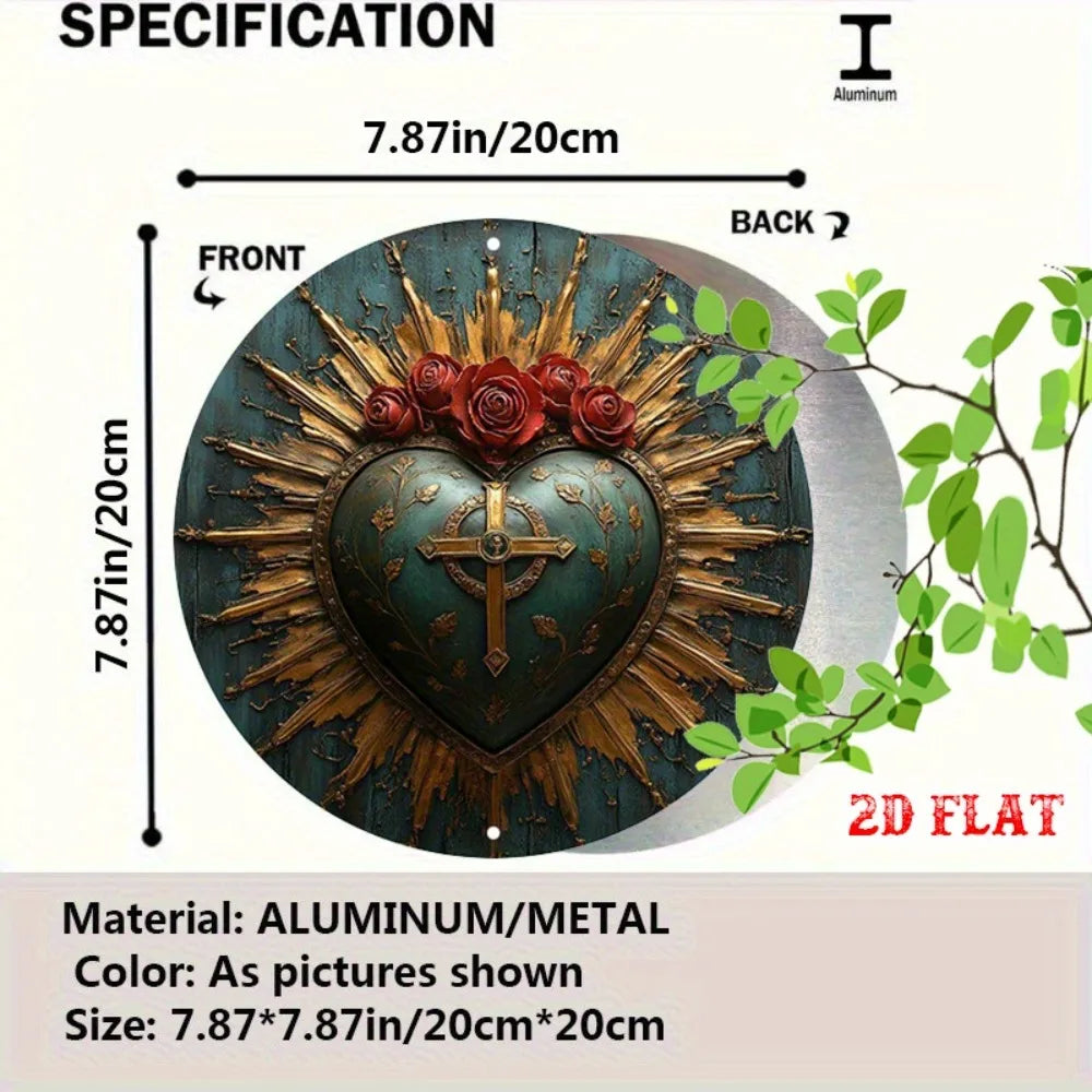 Panneau rond en aluminium Cœur Sacré religieux - 7,87" Décor rustique Roses et Croix, Art mural pour maison ou café