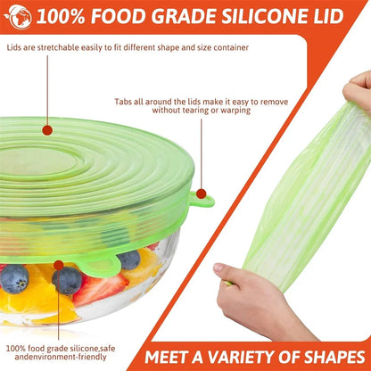 6PCS Food Grade Silicone Bowl Covers – Universal Elastic Round Lids with Airtight Seal – Reusable Kitchen Food Savers