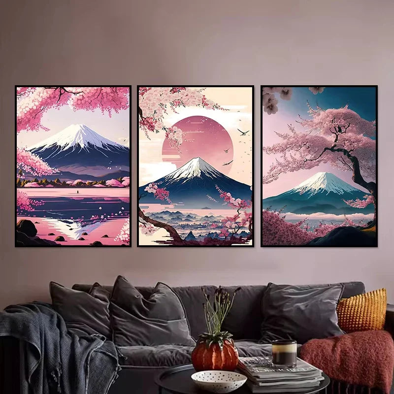 Póster japonés de flor de cerezo, montaña Fuji, puesta de sol, Tokio, lienzo impreso en HD, pintura artística de pared, imágenes, decoración del hogar