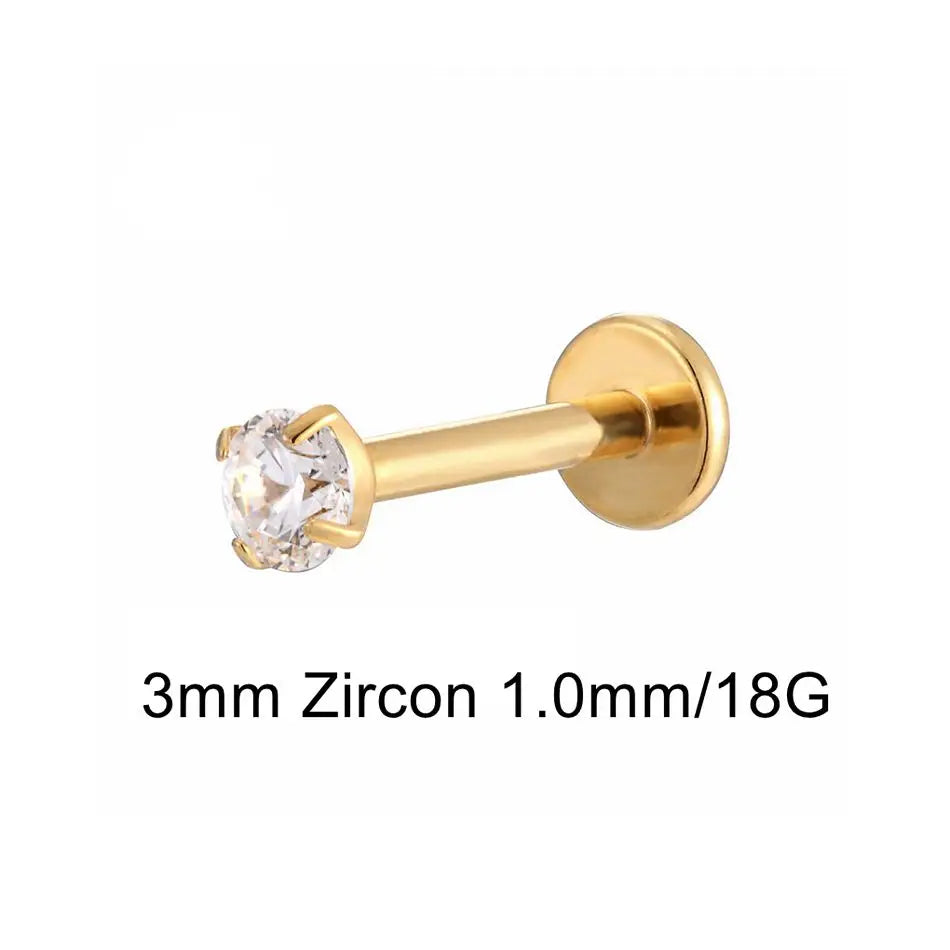 16G 18G Titanium Labret Stud Nose Ring | Zircon Internally Threaded Body Jewelry for Tragus and Helix