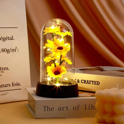 Sunflower LED Glass Dome Night Light Artificial Flower Graduation Gift Home Decor