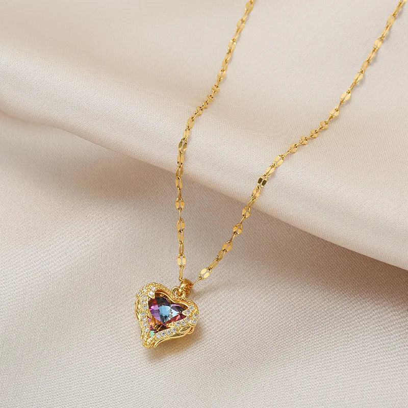 Stainless Steel Crystal Heart Pendant Necklace | Ocean Blue Jewelry for Women