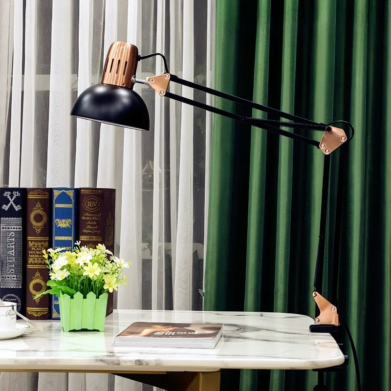 Industrial Foldable LED Table Lamp with Clamp Telescopic Swing Arm for Desk