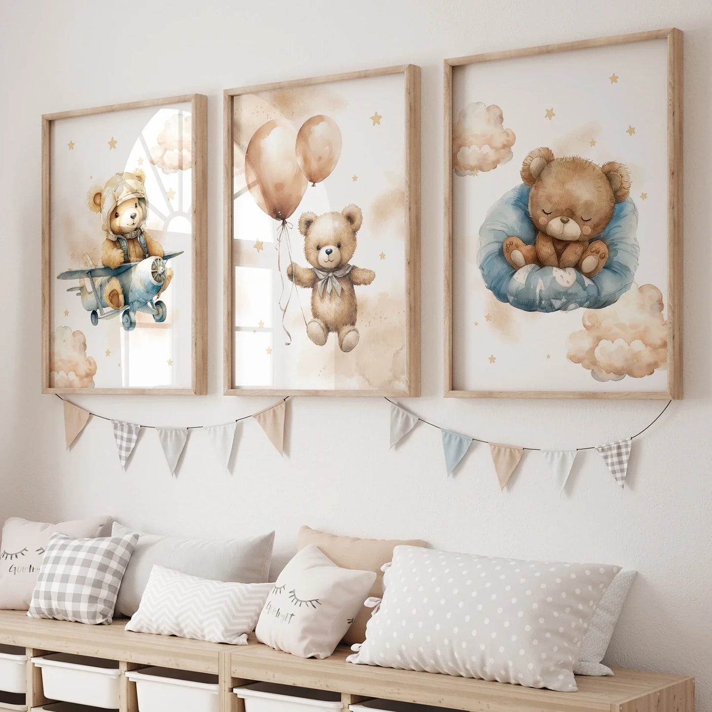 3 pièces Tableau mural enfant ours en peluche jaune, Toile imprimée, Affiche photo pour salon, Décoration d'intérieur