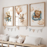 3 pièces Tableau mural enfant ours en peluche jaune, Toile imprimée, Affiche photo pour salon, Décoration d'intérieur