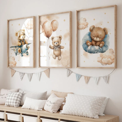 3 pièces Tableau mural enfant ours en peluche jaune, Toile imprimée, Affiche photo pour salon, Décoration d'intérieur