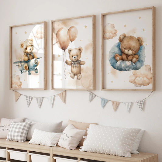 3pcs Cartoon Children Yellow Teddy Bear Vehicle Wall Art Prints Canvas Painting Poster Picture For Living Room Home Decor