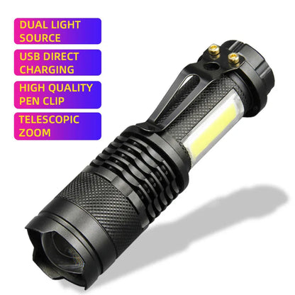 Mini XPE COB LED Flashlight | Rechargeable Dual Light Source for Hiking Camping Fishing