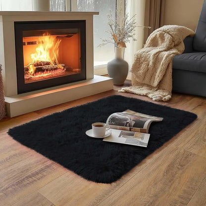 VIKAMA Small Black Area Rug - Soft Plush Children's Bedroom Bedside Rug, Indoor Entrance Welcome Mat, Home Decoration Accessory