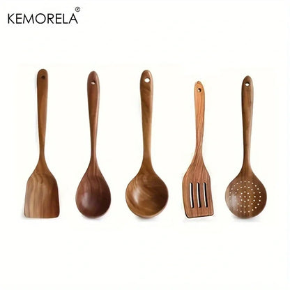5PCS Cuchara de Cocina de Teca de Tailandia Herramienta de Vajilla de Madera Natural Cucharón Espátula Colador de Arroz Espumadera de Sopa Utensilios
