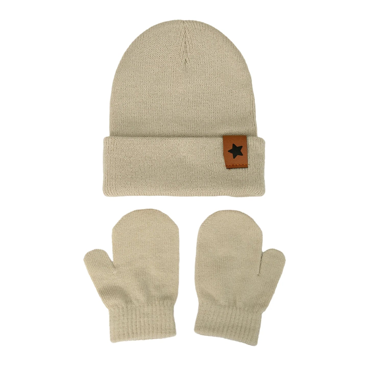 Baby Knitted Hat and Glove Set | Solid Winter Turban with Leather Star Tag