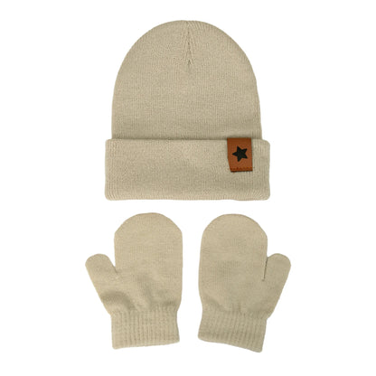 Baby Knitted Hat and Glove Set | Solid Winter Turban with Leather Star Tag
