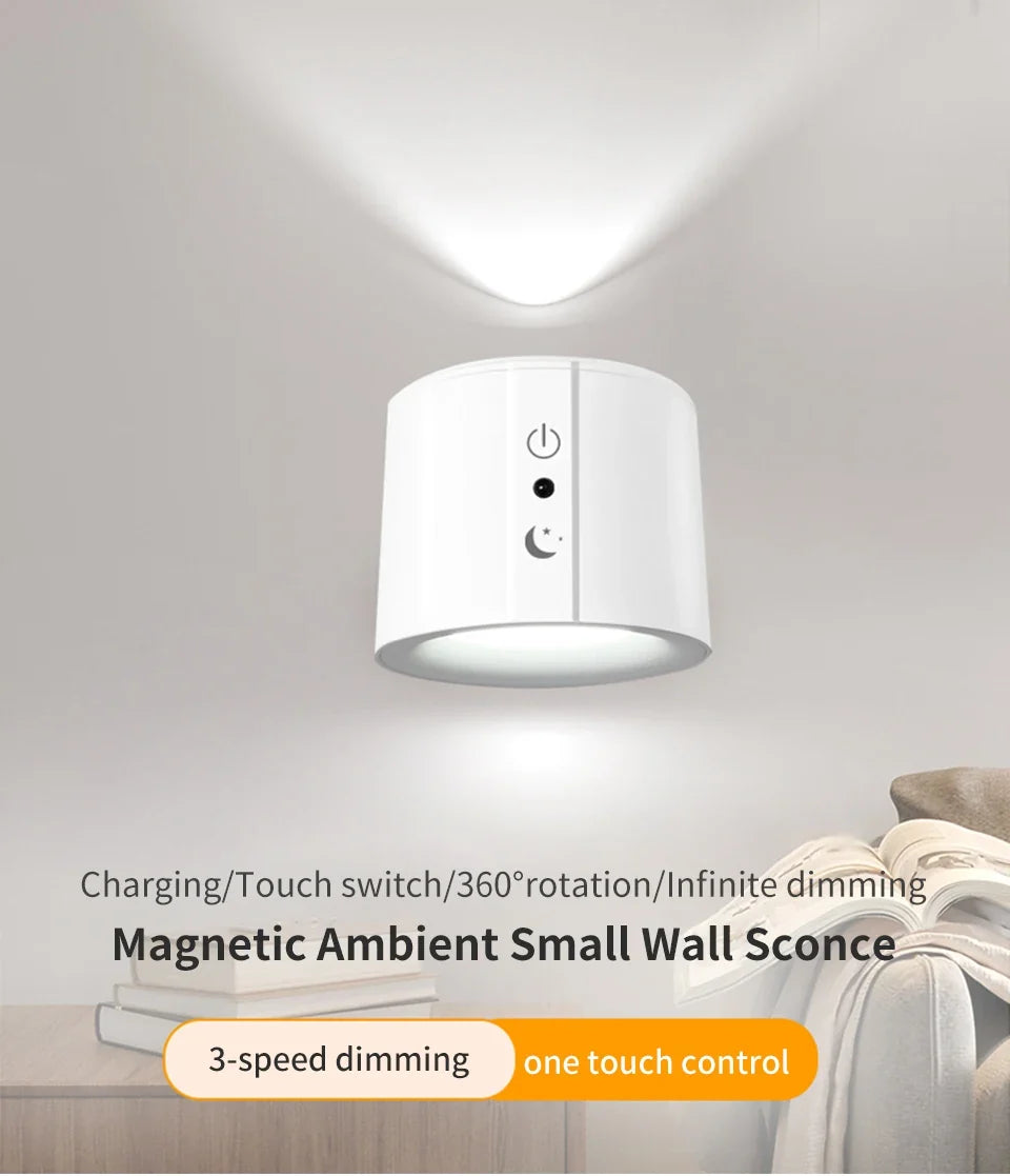 Wireless LED Wall Sconce Light 360° Rotatable Touch Control 3 Color Bedroom Lamp