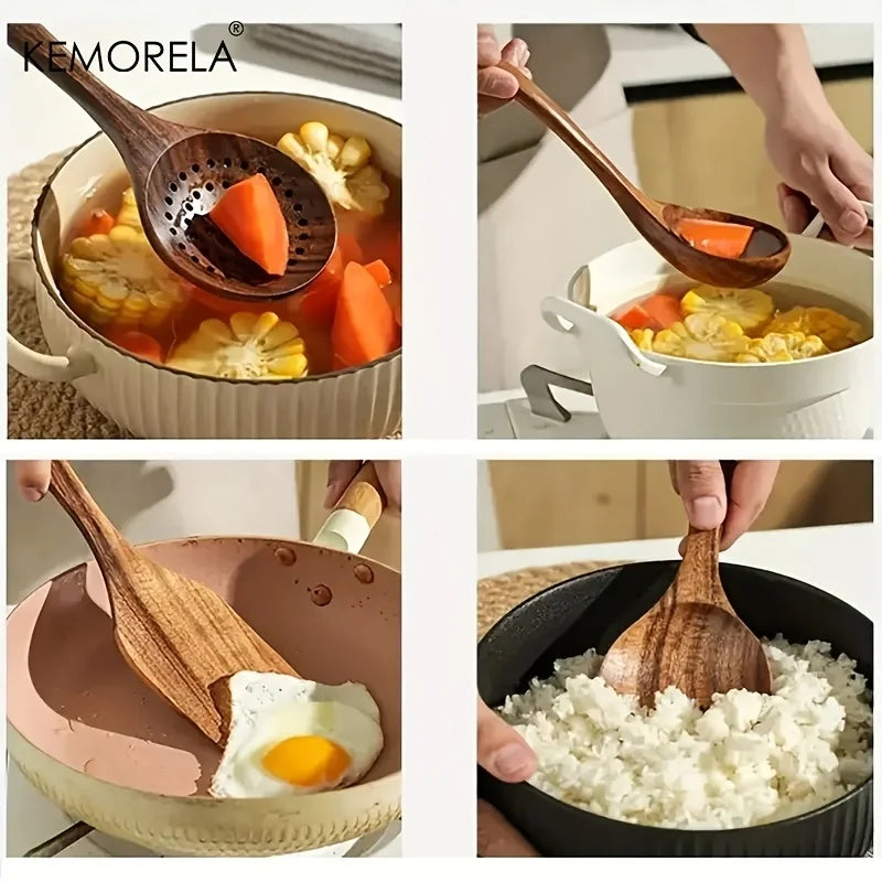 5PCS Cuchara de Cocina de Teca de Tailandia Herramienta de Vajilla de Madera Natural Cucharón Espátula Colador de Arroz Espumadera de Sopa Utensilios