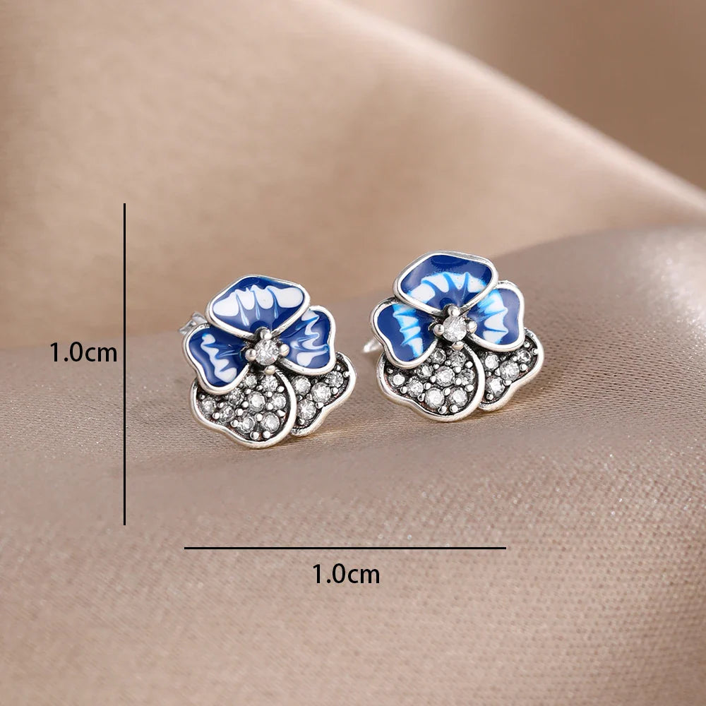 Blue Zircon Stud Earrings for Women | European Style Silver Jewelry