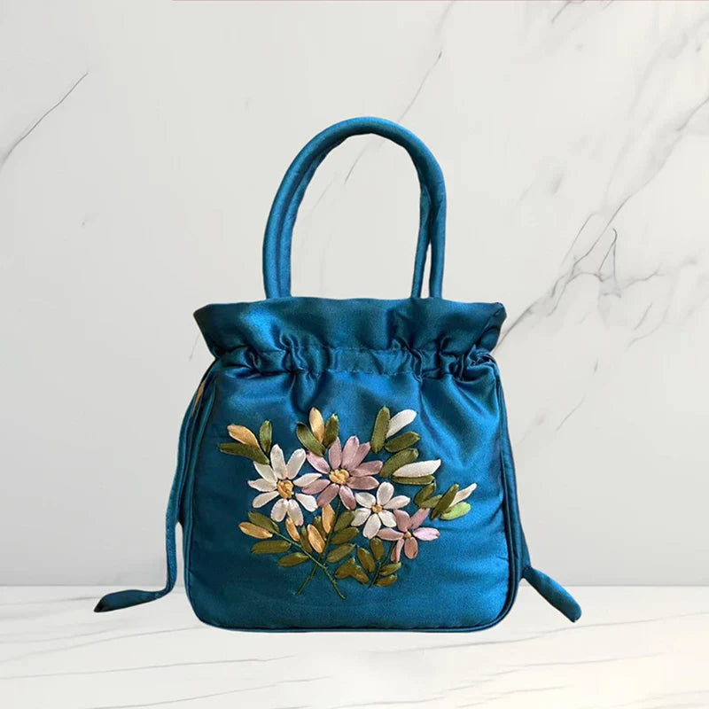 Small Embroidered Flower Bucket Bag | Women's Top Handle Drawstring Purse