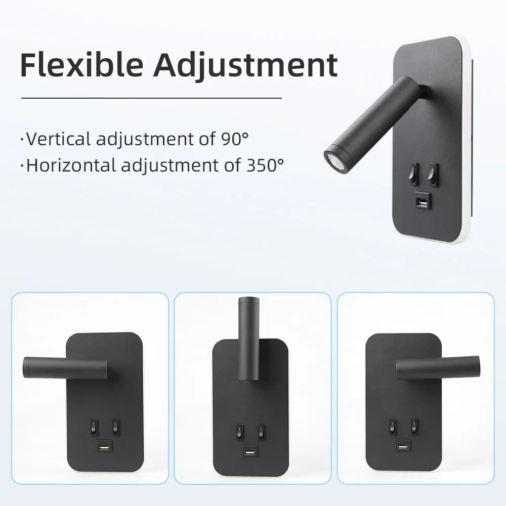 Bedside LED Wall Reading Lamp with USB Port Switch Rotatable Wall Sconce
