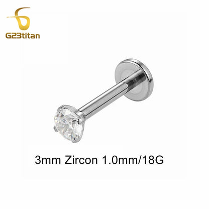 Titanium Labret Stud with Zircon Gem | Internally Threaded Body Jewelry