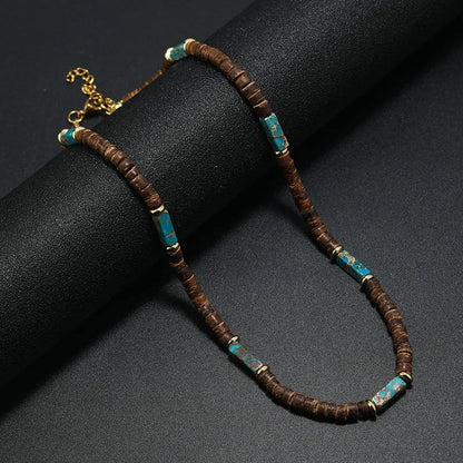 Vintage Boho Natural Stone Necklace for Couples | Brown Coconut Shell Bead Choker