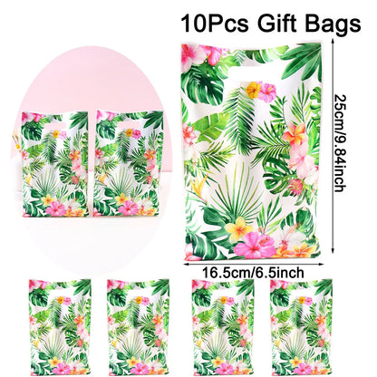 Tropical Hawaiian Party Tablecloth and Flamingo Decor Set | Plastic Table Runner and Candy Bags