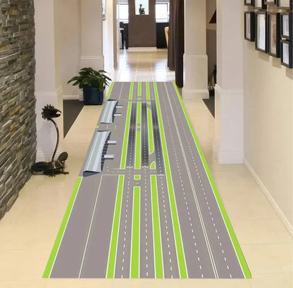 Realistic Airport Runway Carpet Mat Rug, Aviation Theme & Interactive home decoration with Grey Green Tone for Hallway Playroom