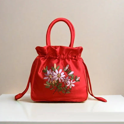 ZTBBAO Embroidered Flower Bucket Bag | Small Top Handle Handbag for Women