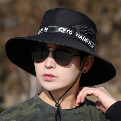 Windproof Men Outdoor Hat | Wide Brim Flat Top Fisherman Hat with Letter Print and Anti-UV Strap