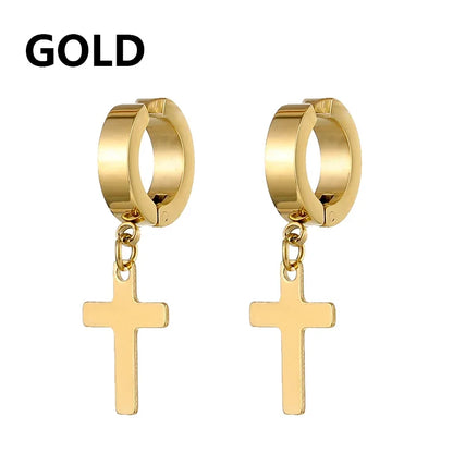 Stainless Steel Clip On Cross Earrings | Non Piercing Gothic Punk Jewelry for Men Women