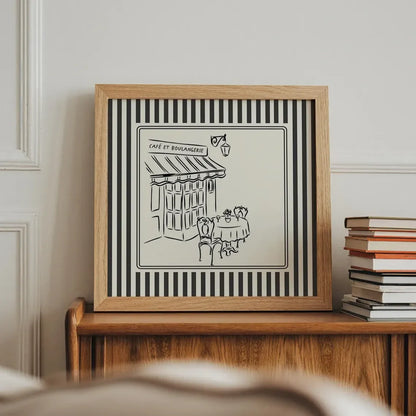 Black and White Striped French Cafe Print, Minimalist Illustration, Digital Downloads, Art Print, Gift Idea, Aesthetic